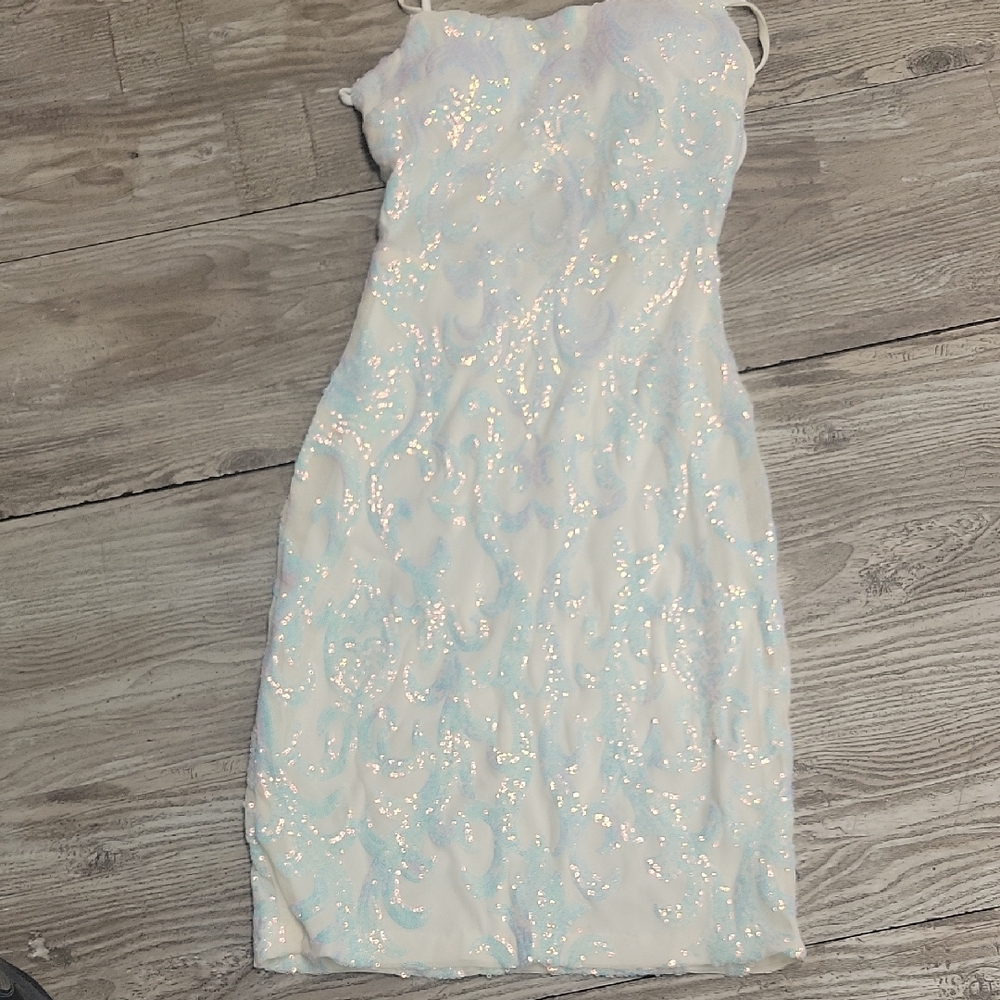 Strapless White and Light Blue Sequin Bodycon Dress